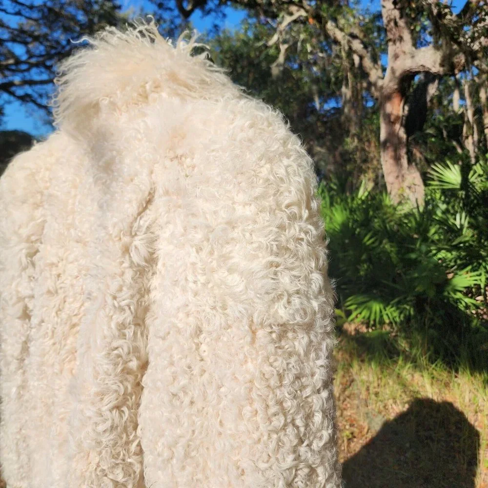 Vintage Genuine Shearling Mongolian Lamb Fur Shag Curly Ivory Long Coat 70's - Picture 11 of 16